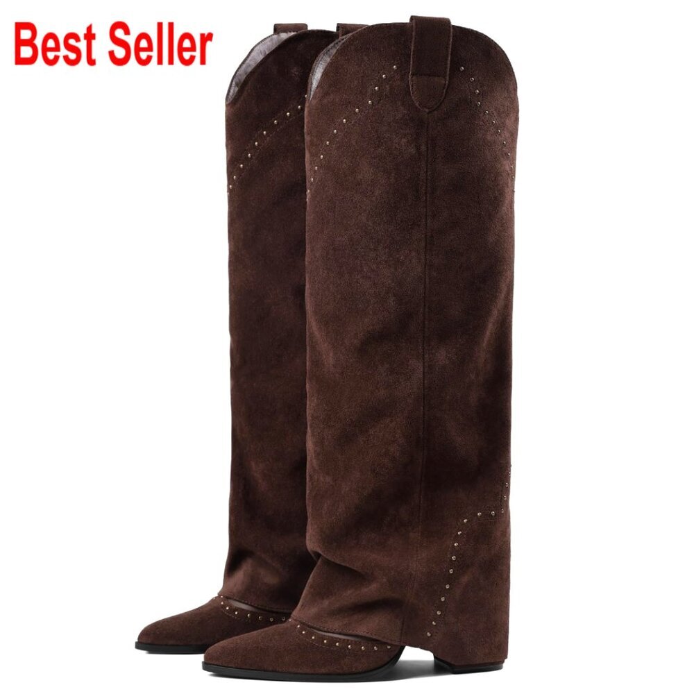 Women's Shark Studded Fold Over Knee High Boots Snip Toe Pull-On